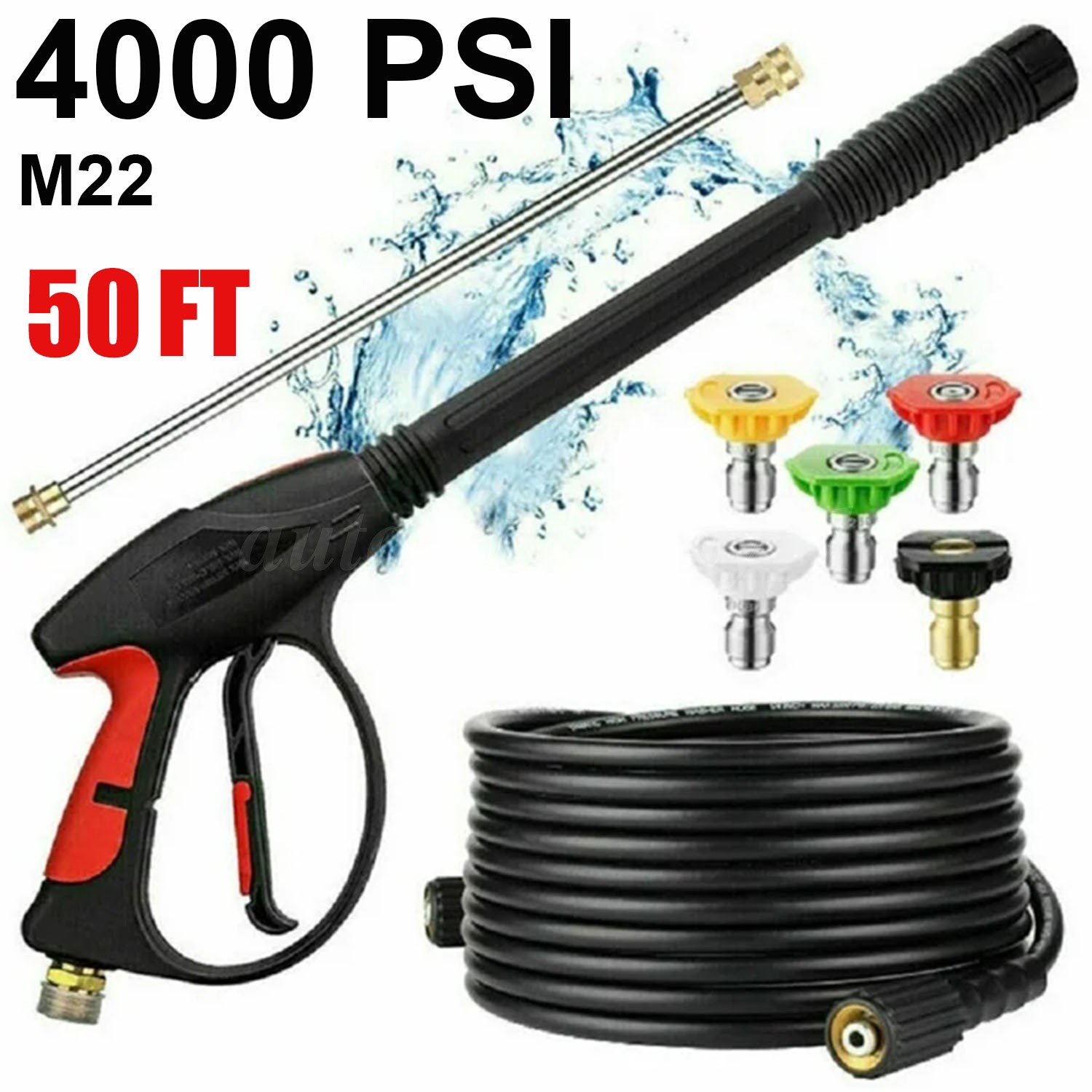 4000PSI Pressure Washer Gun High Power Washer Handle M22-14mm 5 Nozzle Kit 50FT
