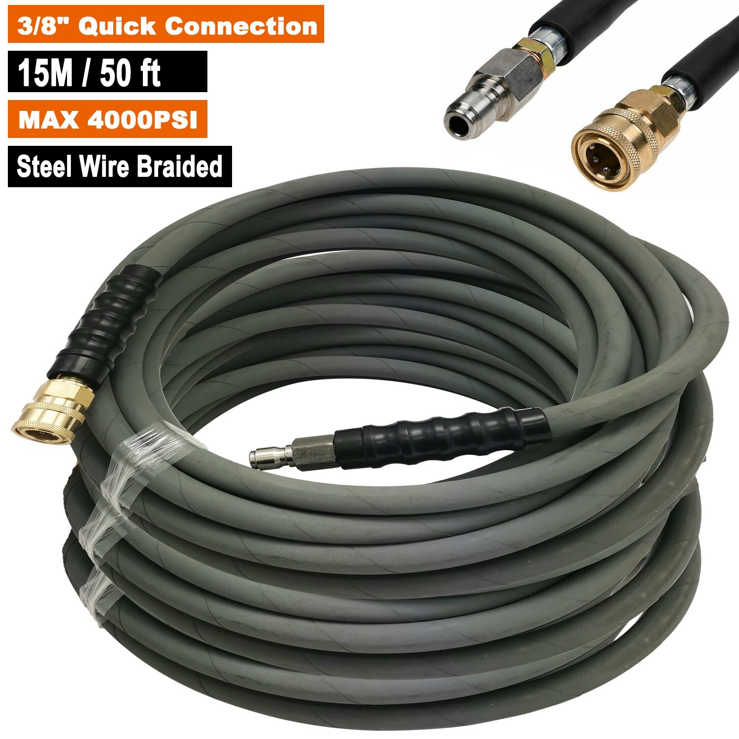 50ft Pressure Washer Hose 4000 PSI Non-Marking Gray With Couplers 275F 3/8″