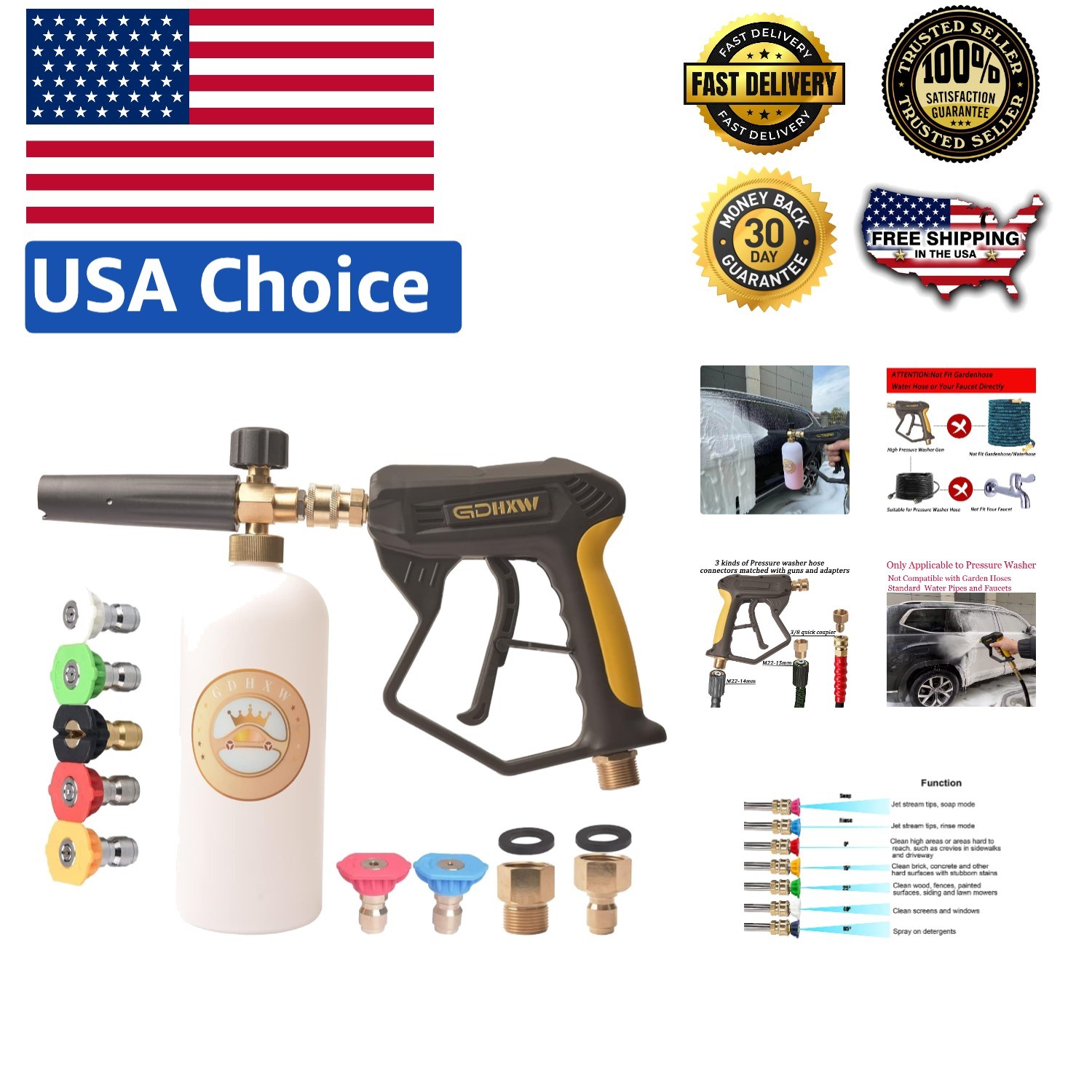 Versatile X-887 Pressure Washer Gun with 7 Nozzles & Quick Connect Foam Cannon