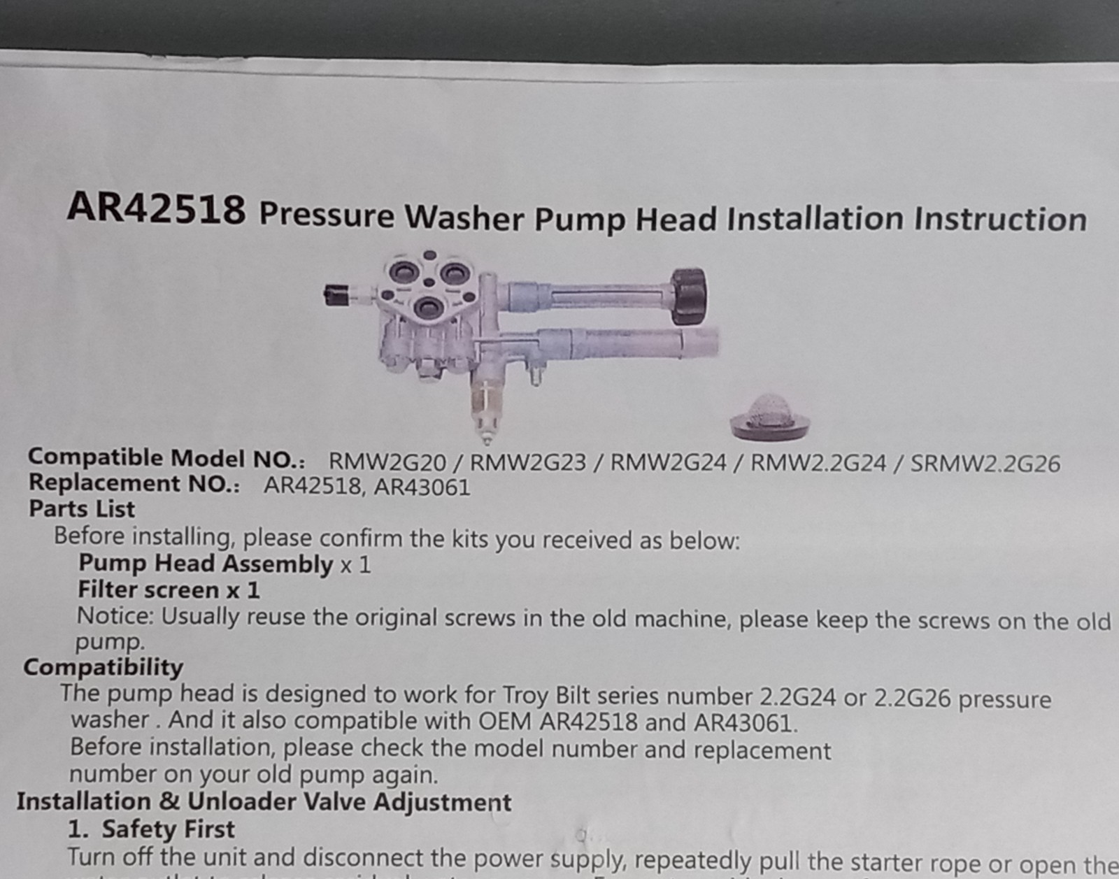 Troy Bilt Pressure Washer Pump Head AR42518 For RMW2G20 RMW2G23 RMW2G24 /Read