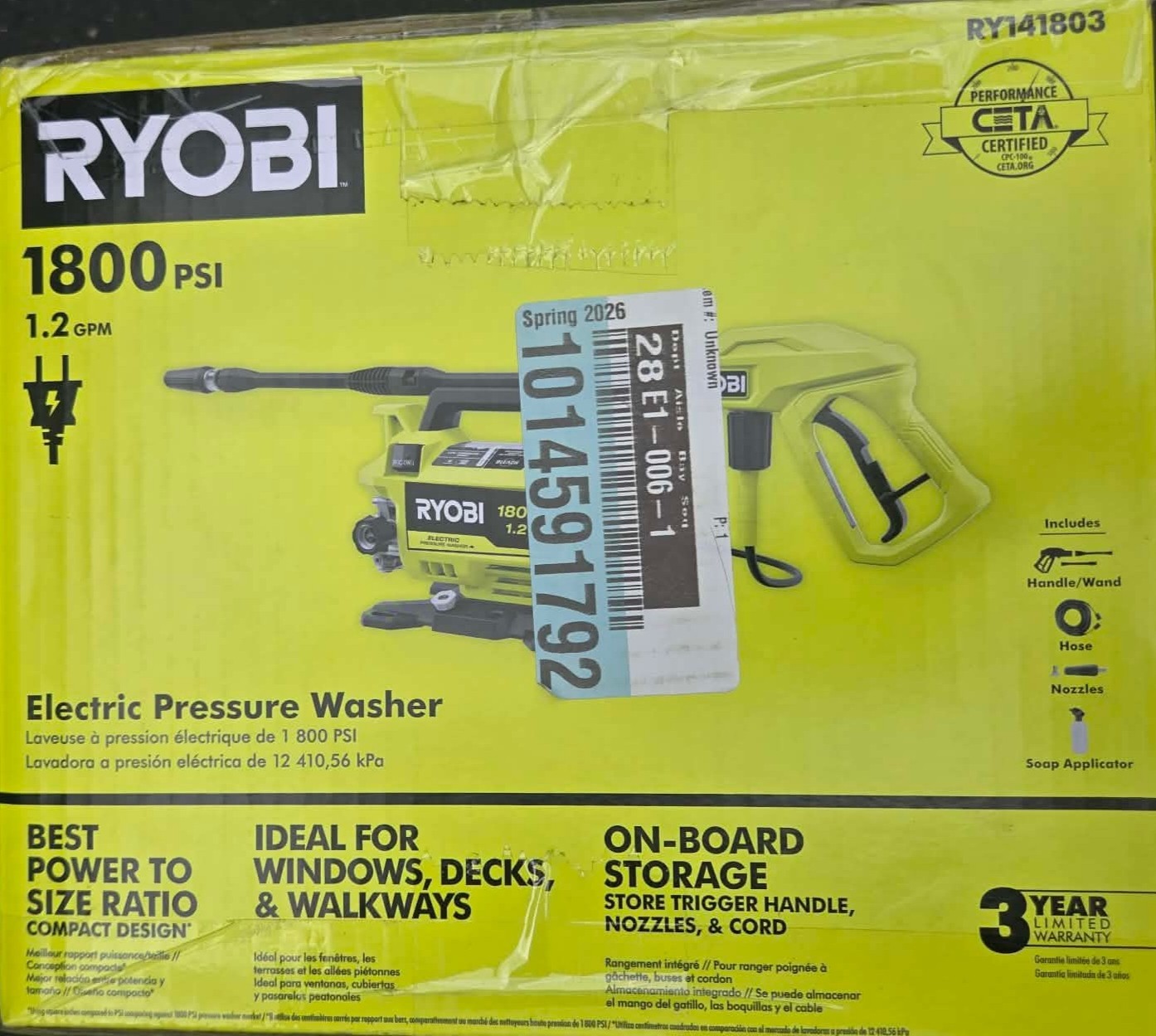 RYOBI RY141803 1800 PSI 1.2 GPM Electric Pressure Washer NEW