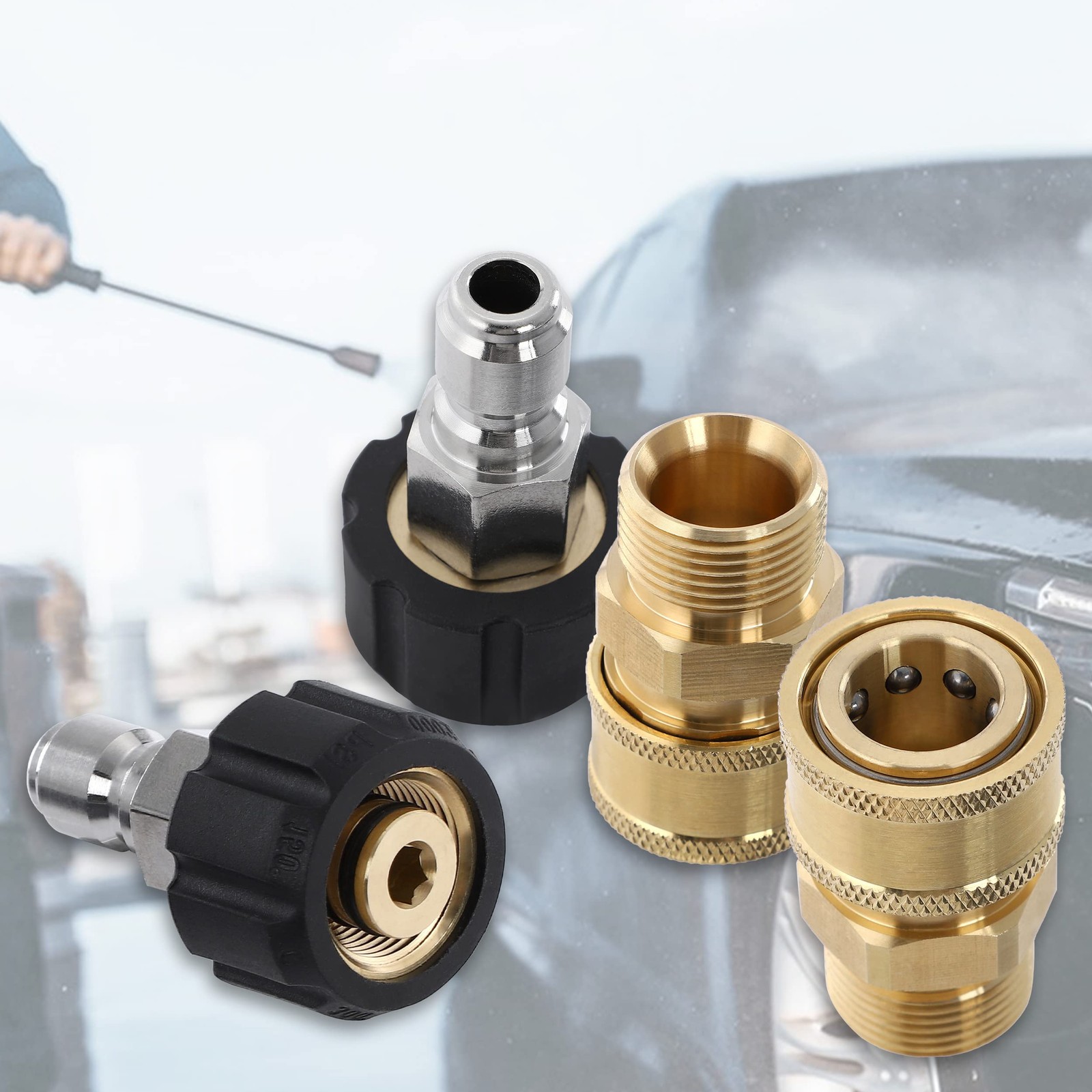 4 PCS Pressure Washer Adapter Set M22 15mm Female to M22 Male Kit 5000 PSI