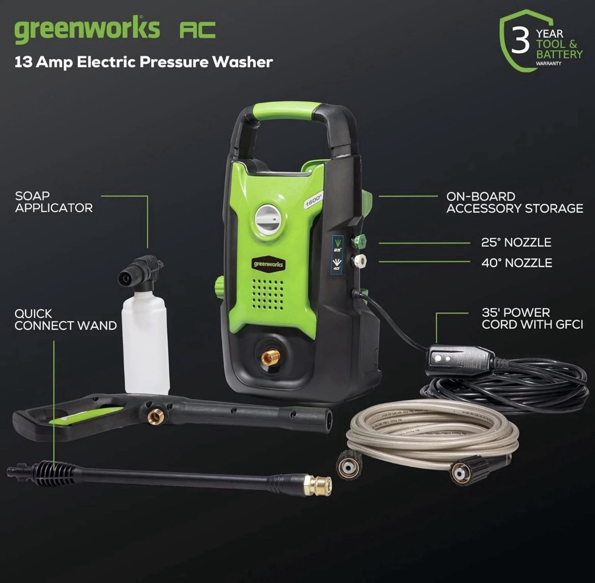 Greenworks 1600 PSI Corded Electric Pressure Washer w/ Nozzles & Hose