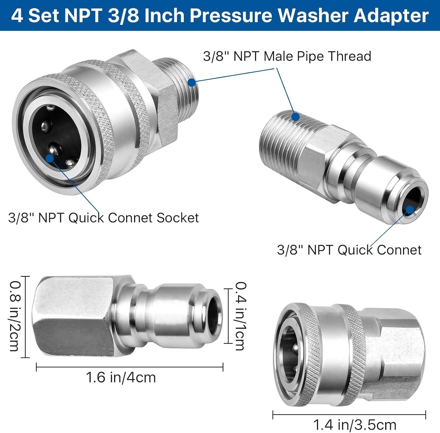 4 Set NPT 3/8 Inch Pressure Washer Coupler, Quick Connect Fittings, Stainless…