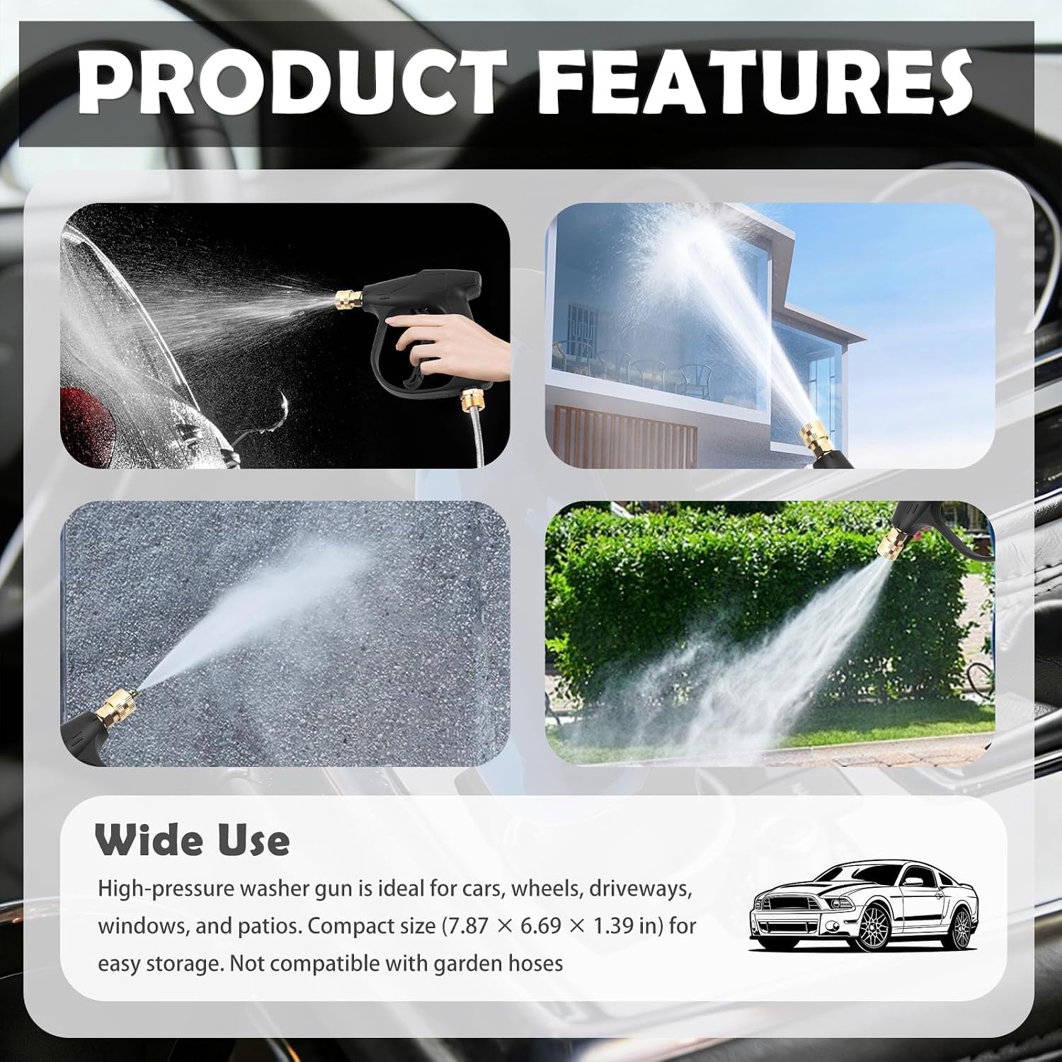 Car Short Pressure Washer Gun,4350 PSI Max High-Pressure Car Wash Gun | Portable