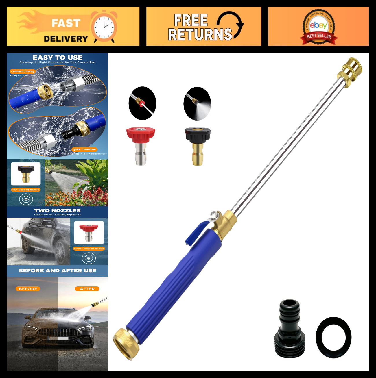 High Pressure Jet Nozzle Power Washer Wand 17″ 2-in-1 for Garden Hose, Quick Con