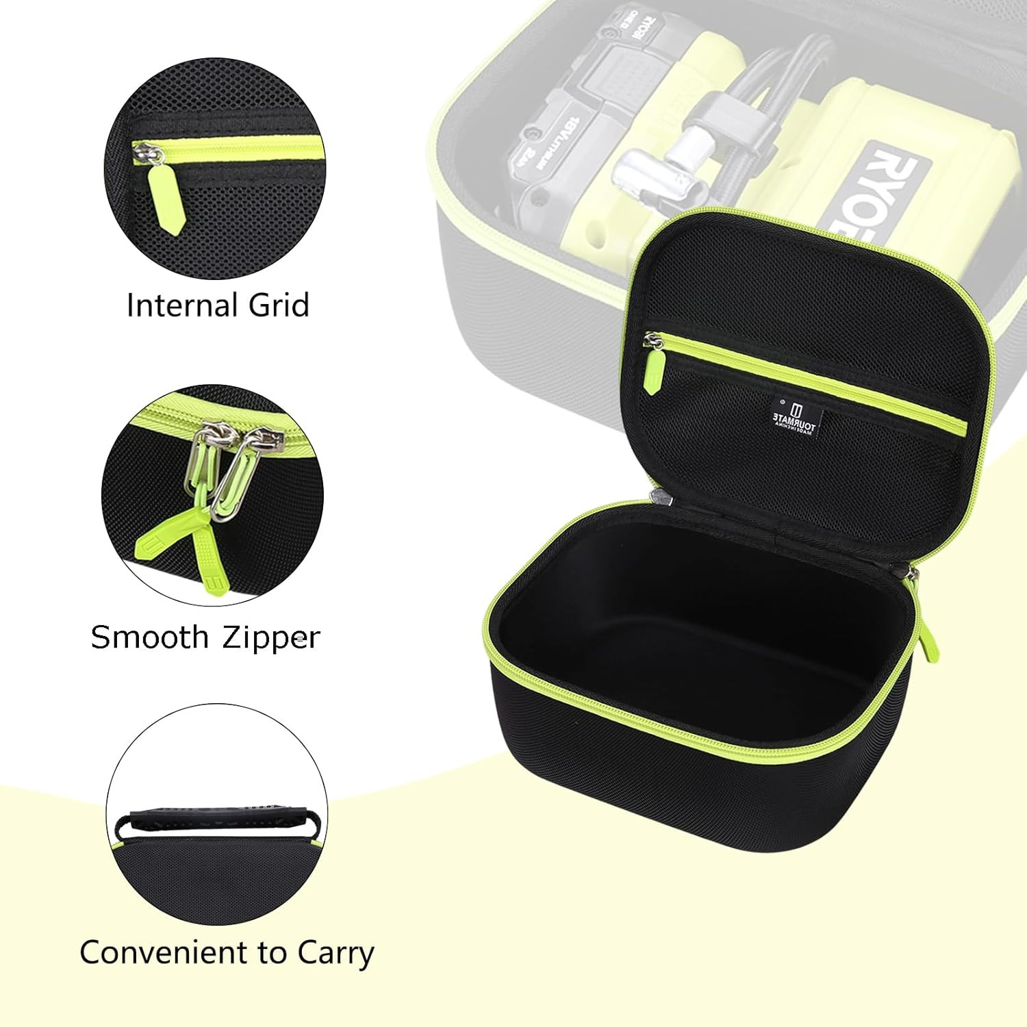 Hard Carry Case for Ryobi 18V Digital Inflator, Black/Green