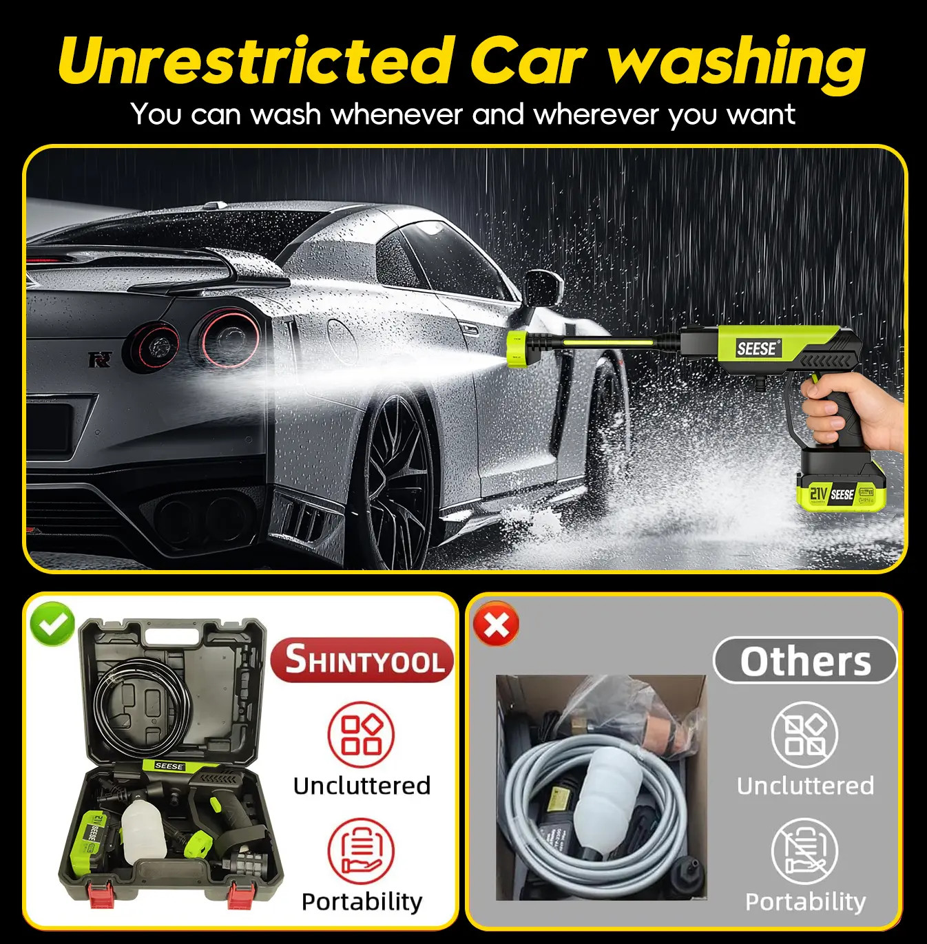 Cordless Seese Pressure Washer with Charger – Portable Car & Home Cleaning Tool