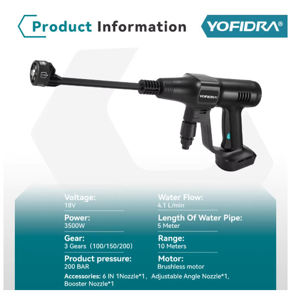 Yofidra 200Bar Brushless High Pressure Car Washer Water Gun 6 IN 1