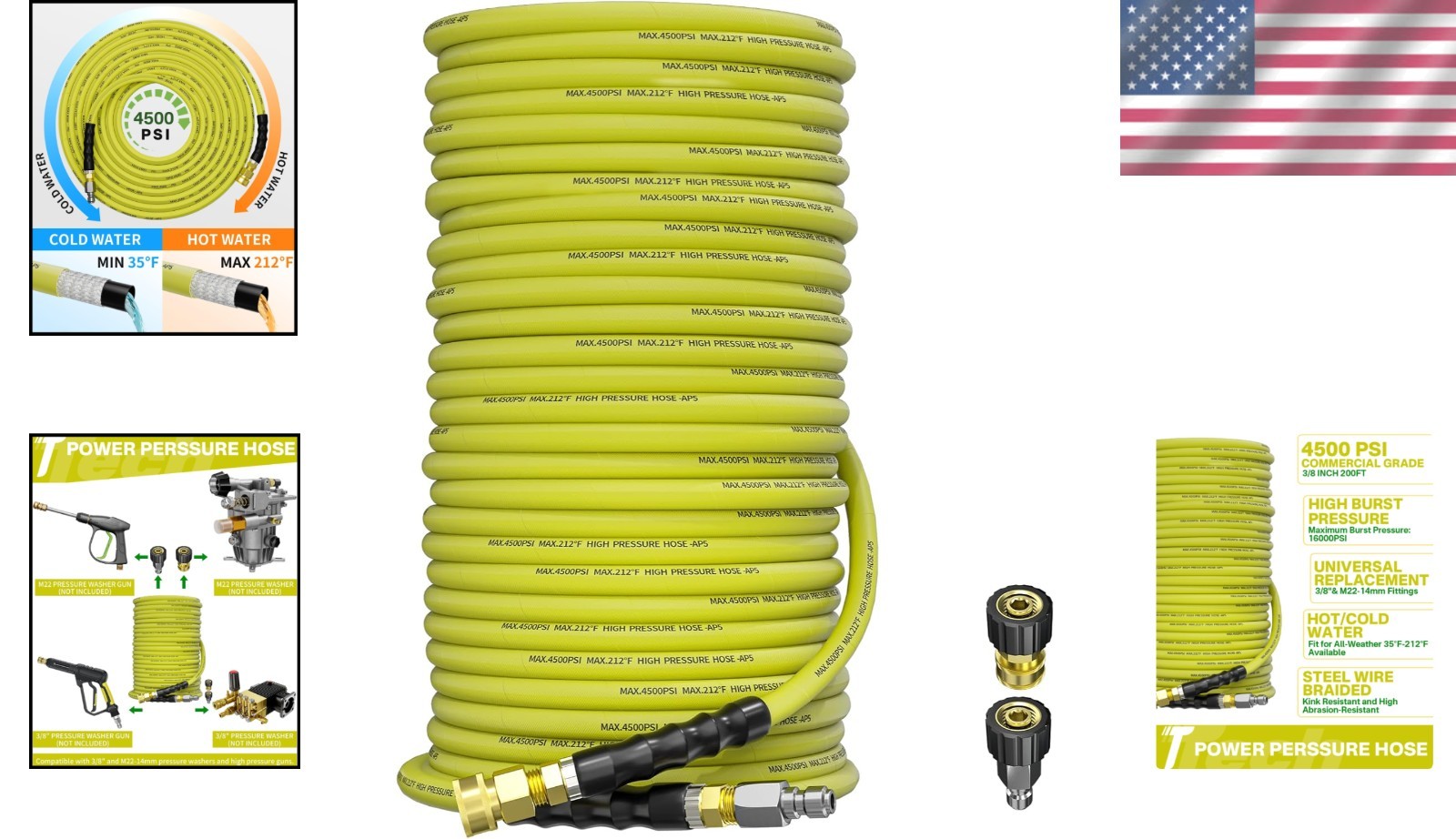 Versatile 200FT Pressure Washer Hose with 4500 PSI & M22 Adapters – All Weather