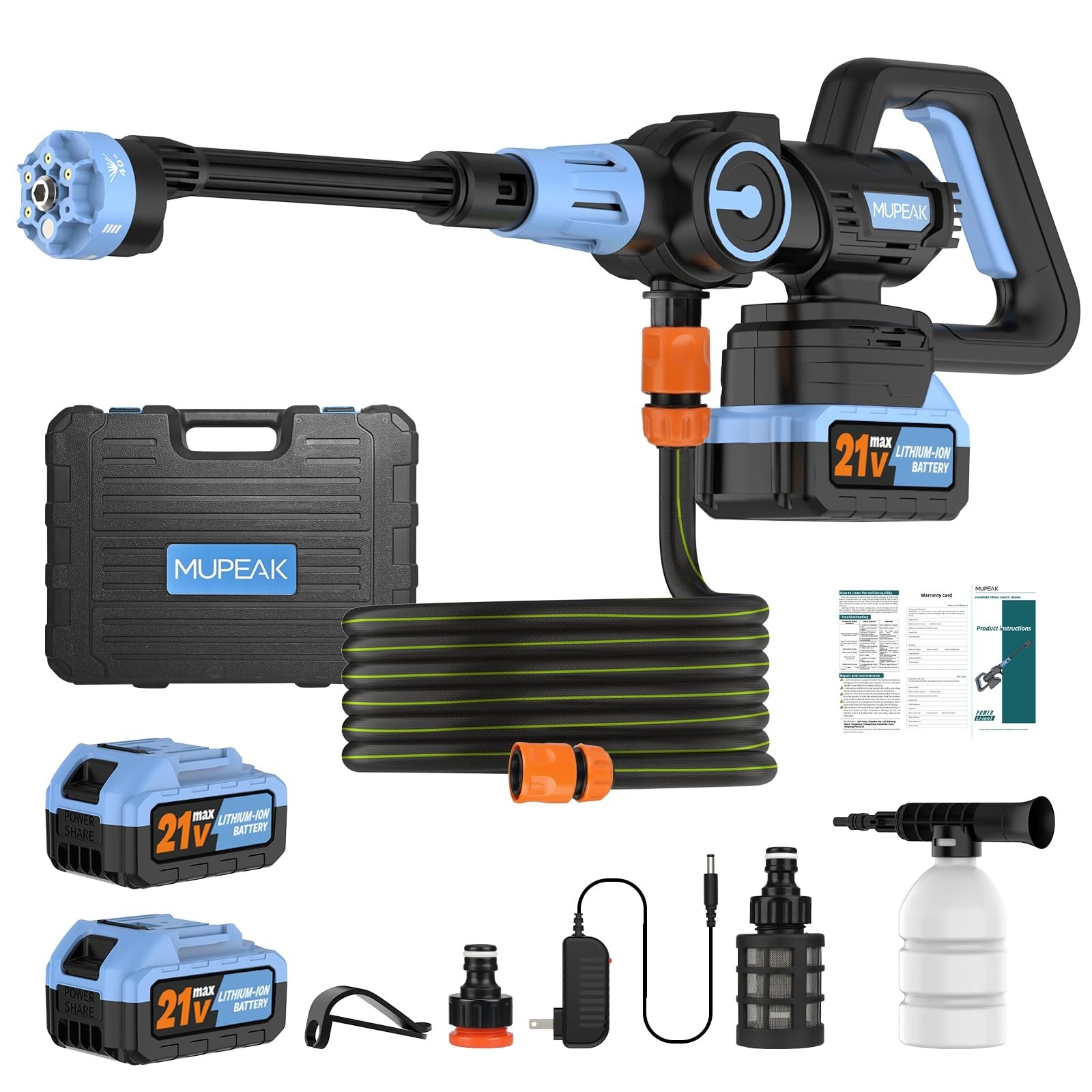 Cordless Brushless Pressure Washer 1500PSI, 2 Batteries, 6-in-1 Nozzle, 21V Port