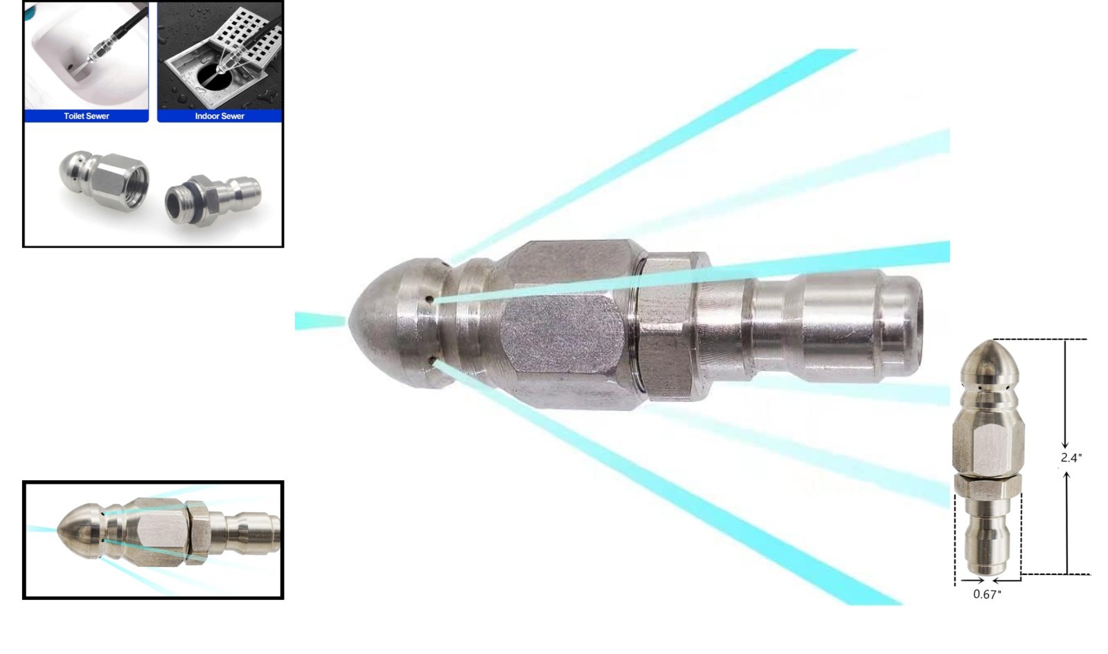 Mini Compact Stainless Steel Sewer Jetter Nozzle, 1/4” Quick Connect, 5000 PSI