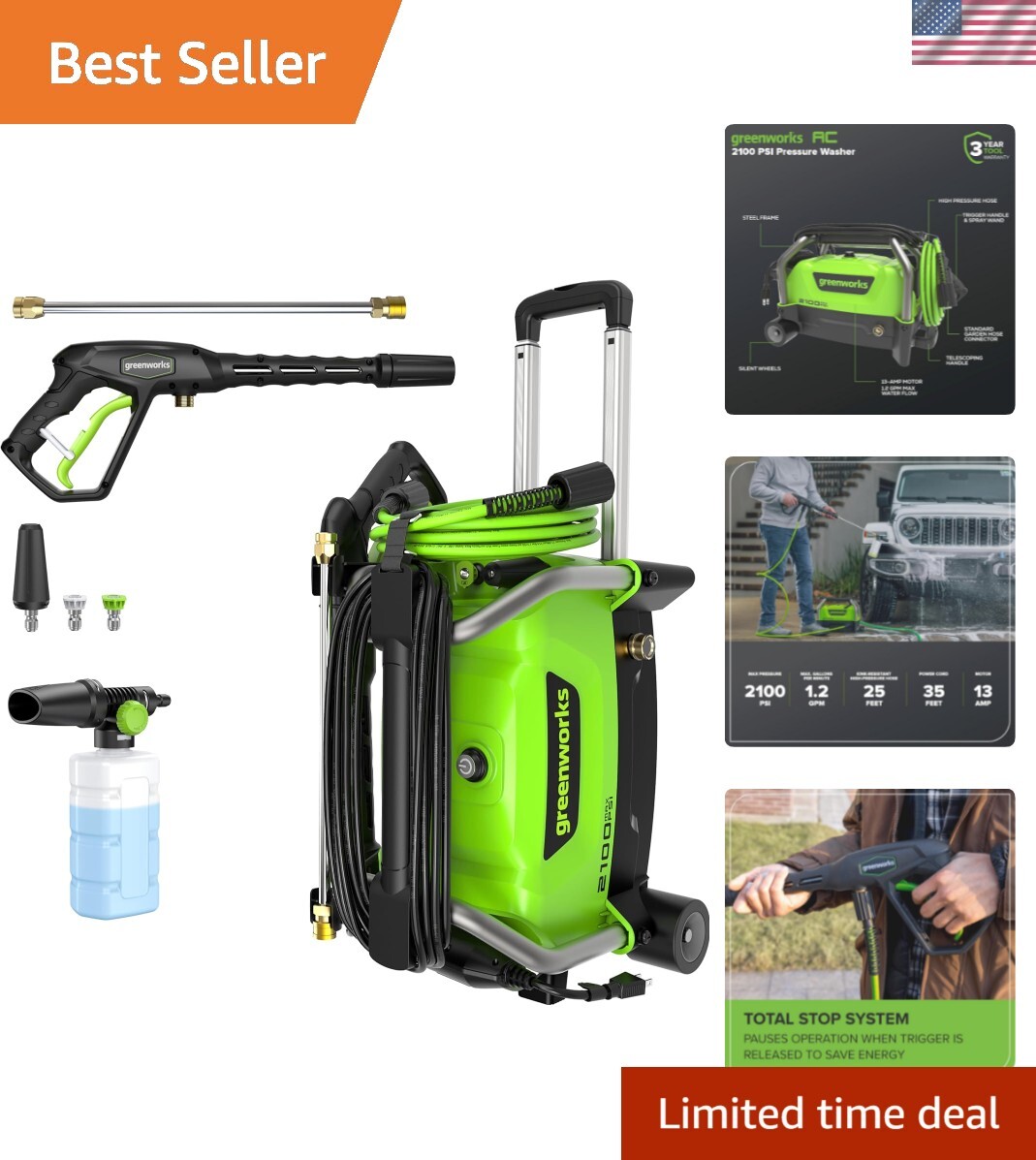 Greenworks 2100 PSI Electric Pressure Washer – Compact & Powerful 13Amp Cleaning