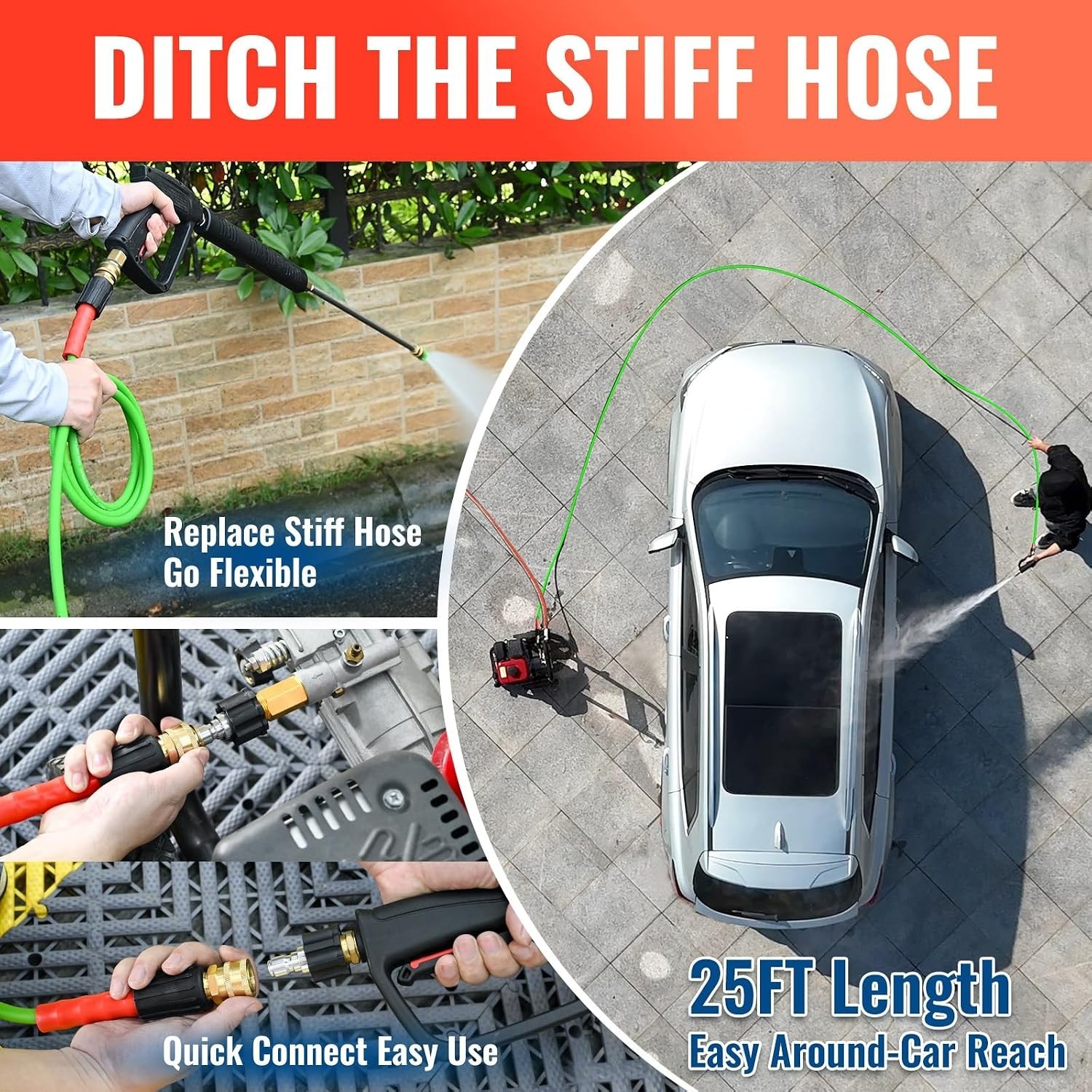 25FT Kink-Resistant Pressure Washer Hose for 3200 PSI, Quick Connect Adapters