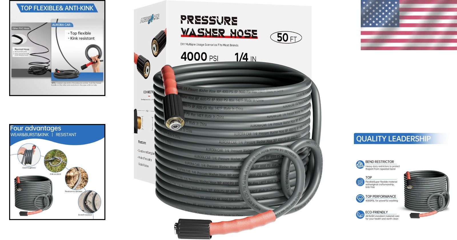 50FT Kink Resistant Pressure Washer Hose Compatible with M22 Fittings, 4000 PSI