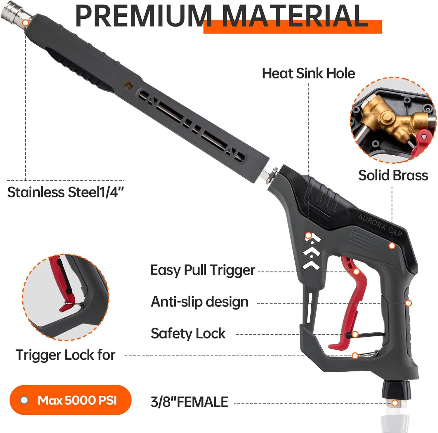 Pressure Washer Gun with Swivel, with Replacement Wand Extension, with M22 14Mm
