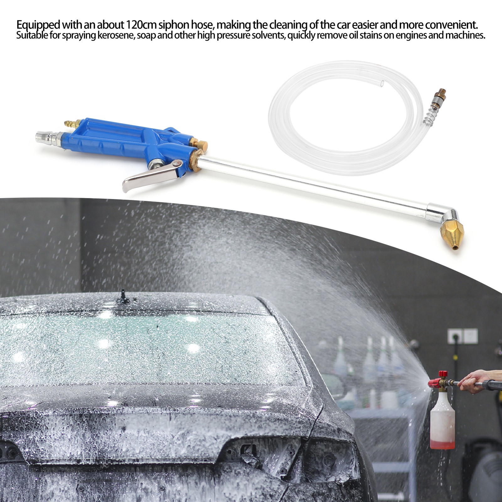 Car Washer Water Spray Gun Steel With 120cm/47in Long Hose Universal For Engine