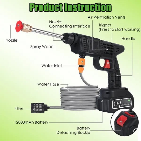 Portable Electric Pressure Washer 300W 27Bar Cordless for Car Bike Patio Garden
