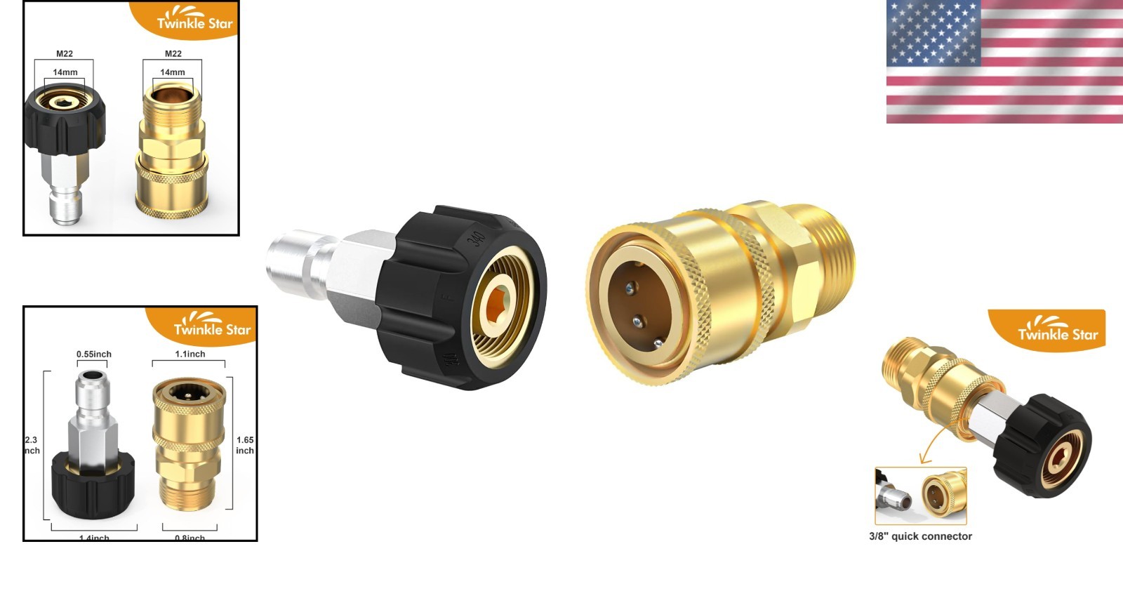 M22 14mm to 3/8 Inch Pressure Washer Adapter – High-Precision Brass