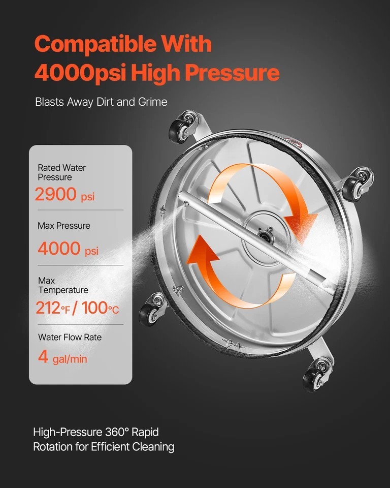 18″ Pressure Washer Surface Cleaner 4000 PSI Stainless Steel with 2 Wands