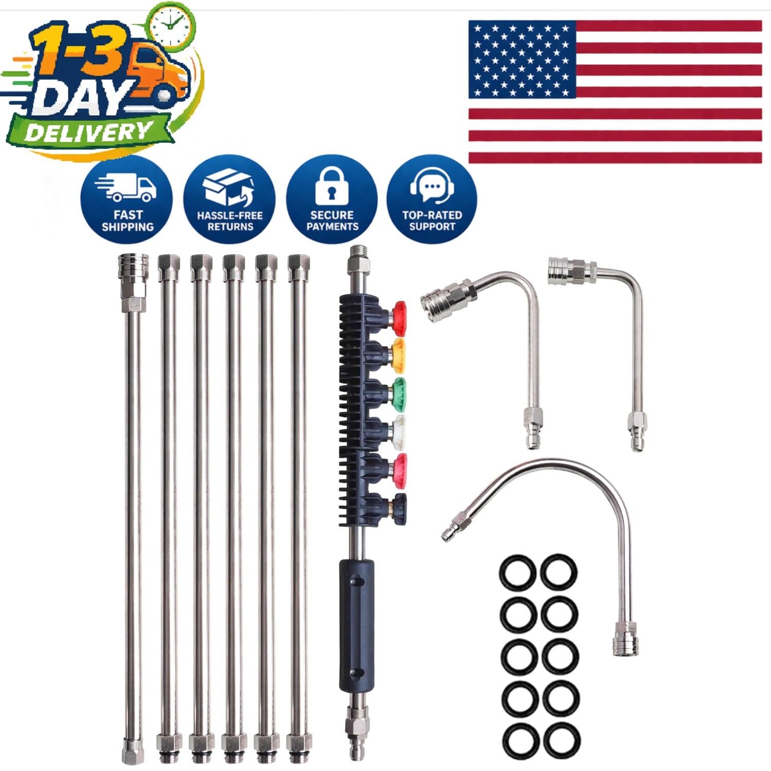 10-Pack Stainless Steel Pressure Washer Extension Wand Set with 6 Nozzle Tips