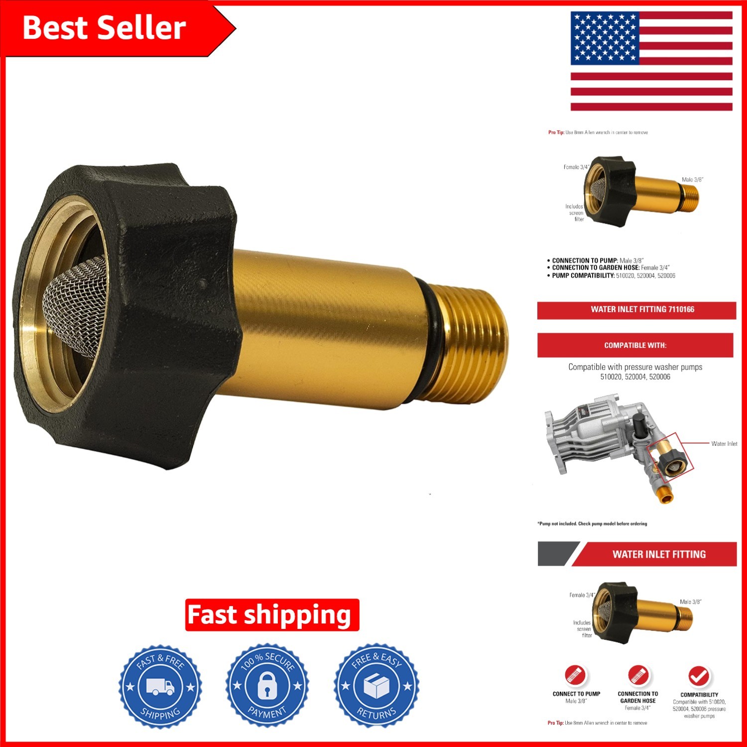 Water Inlet Fitting for OEM Technologies Pressure Washers – 3/8″ Male x 3/4″ …