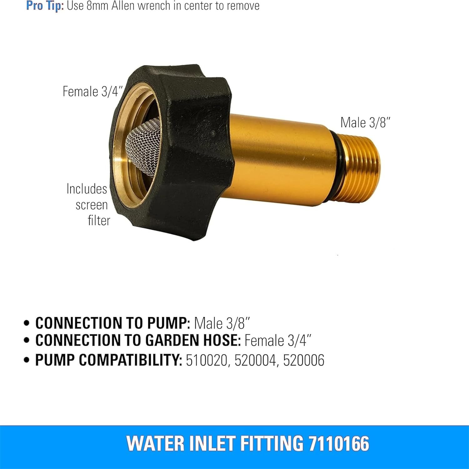 1 Pcs 7110166 Pressure Washer Pump Parts Water Inlet Fitting, 3/4″ Female to 3/8