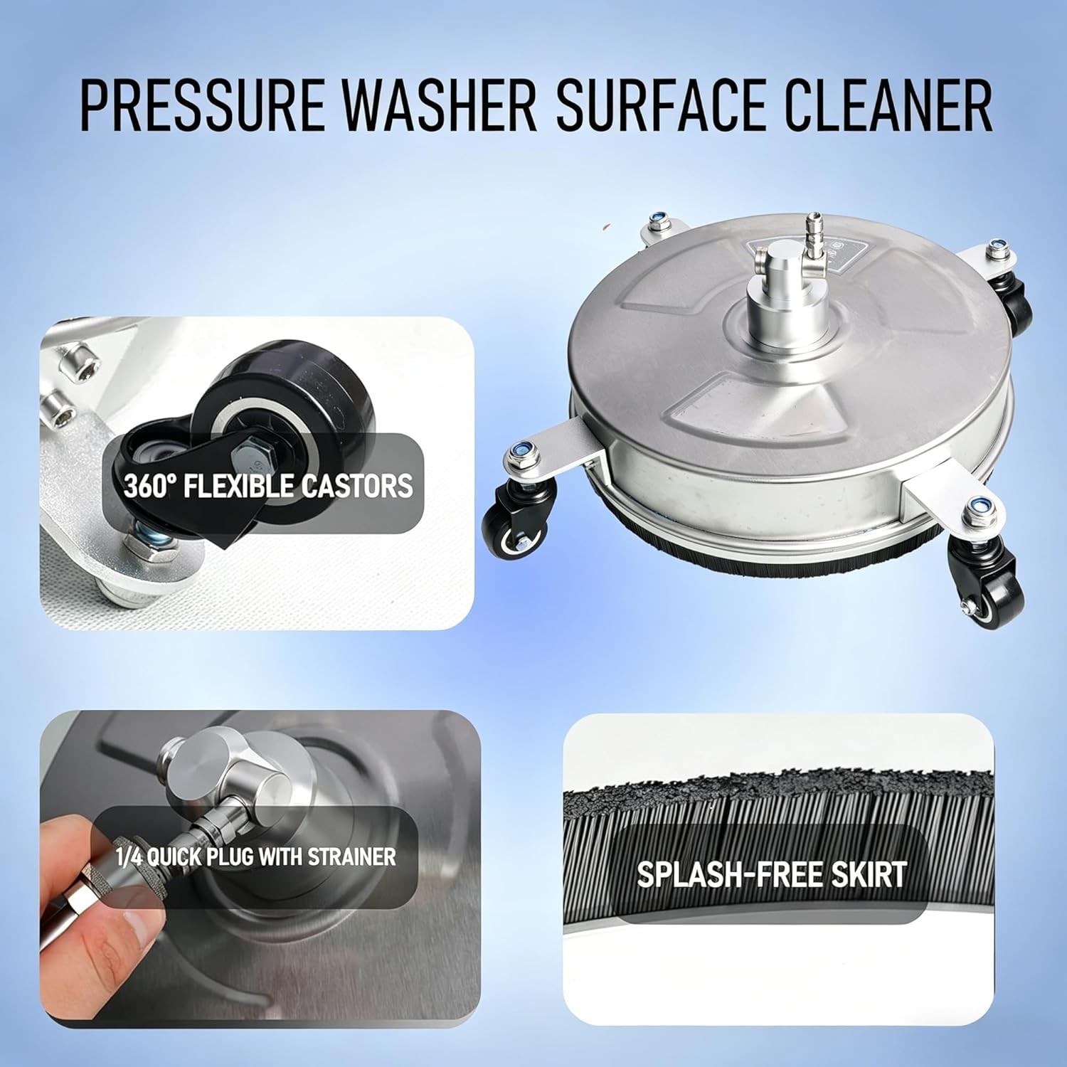 14″ Surface Cleaner, Stainless Steel, 4000 PSI, 4 Wheels, 1/4″ Connector