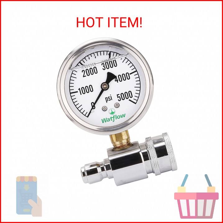 Watflow 2-1/2″ Pressure Washer Pressure Gauge Kit, 3/8 Inch Quick Connect, 0-500