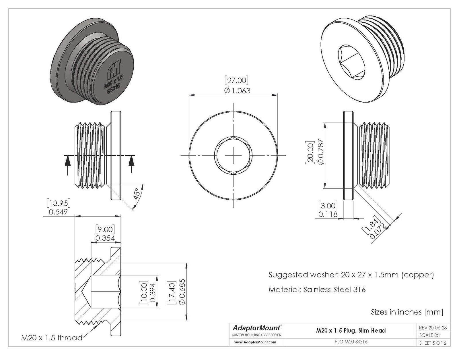 M20 x 1.5 Stainless Steel 316 Slim Round Head Allen Key Slotted Plug Washer