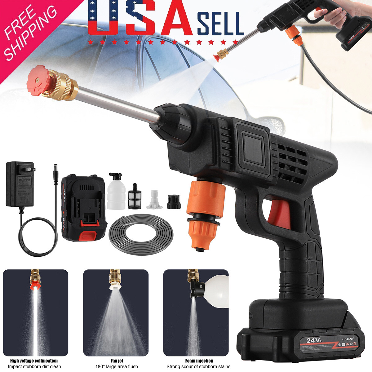 Portable Cordless Electric High Pressure Water Spray Gun Car Washer Cleaner Tool