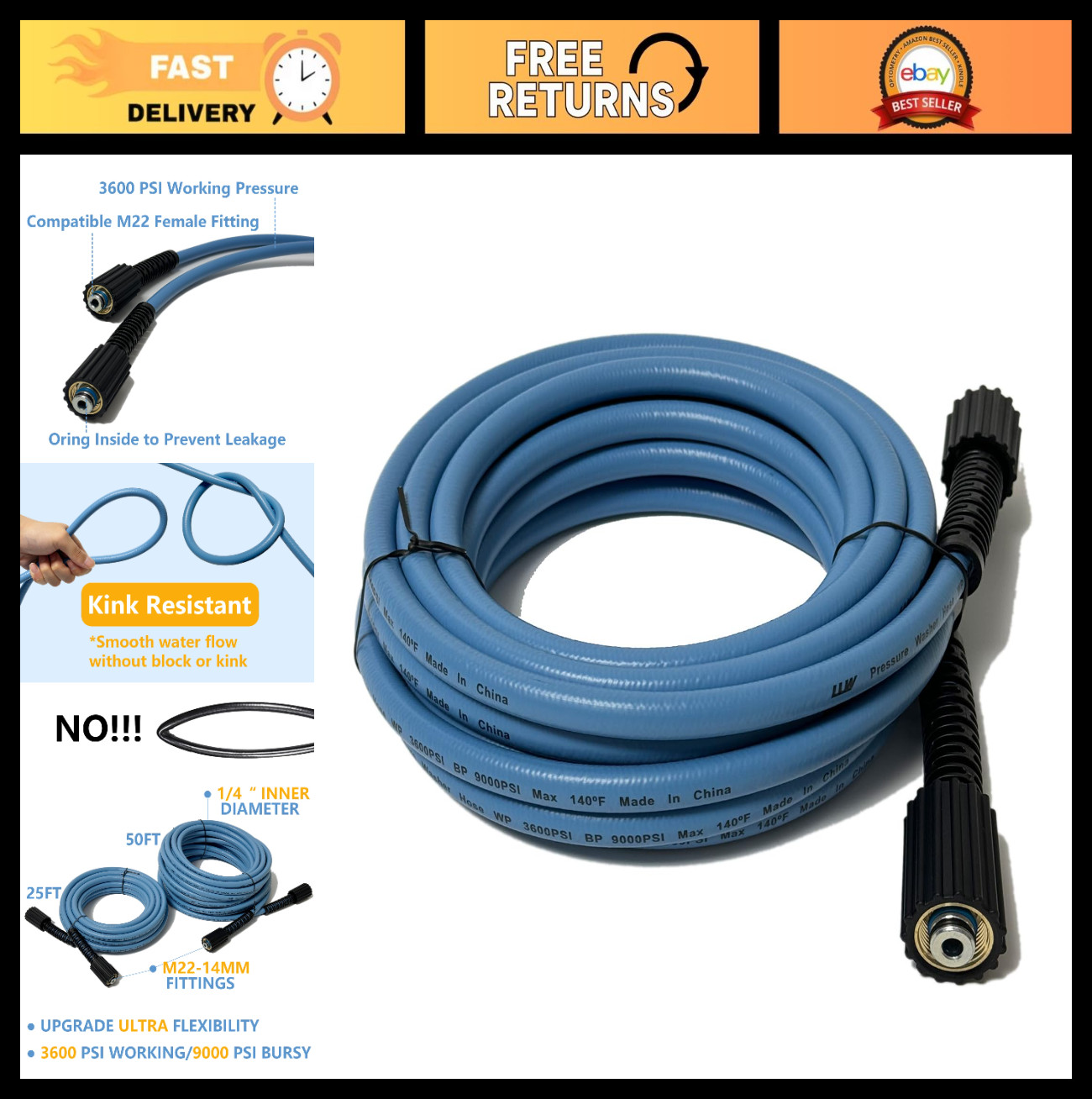 25FT 1/4″ High Pressure Washer Hose 3600PSI M22 14mm Replacement for Power Washe