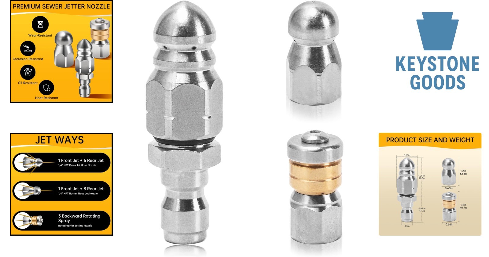3-Pack Stainless Steel Sewer Jetter Nozzle Kit for High-Pressure Drain Cleaning