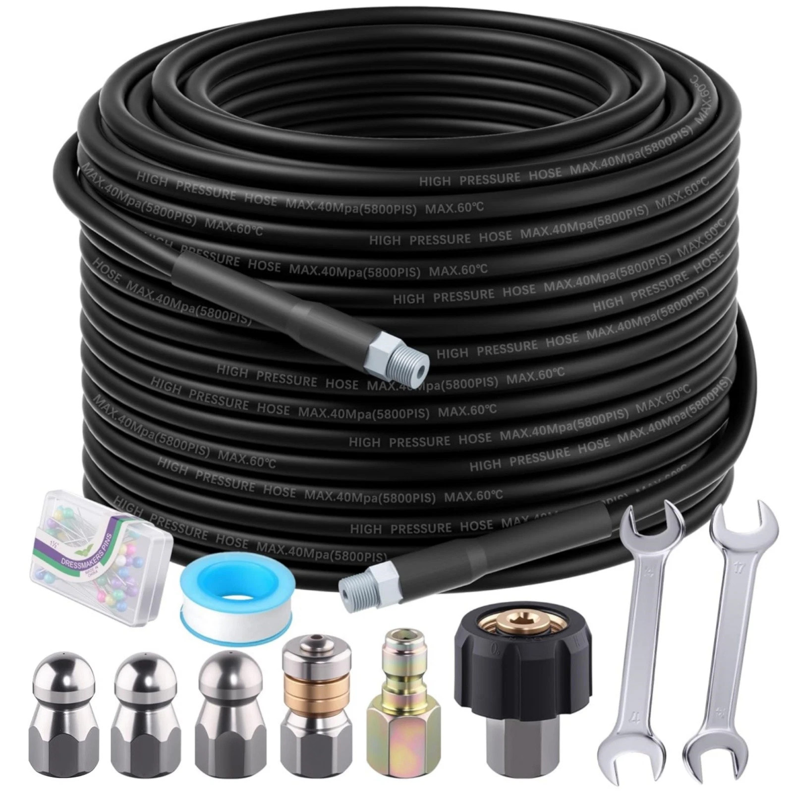 100FT Sewer Jetter Nozzles Kit 4000PSI Drain Cleaning Hose for Pressure Washer