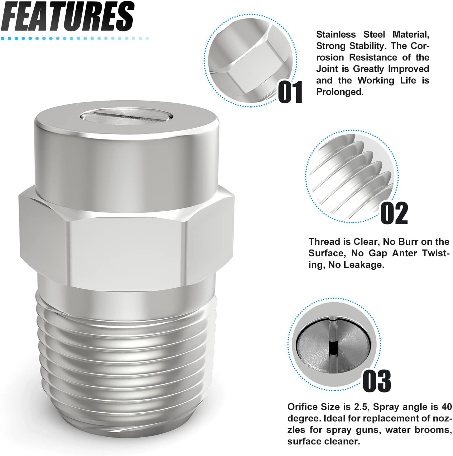 40 Degree Surface Cleaner Tips, 1/4 Inch NPT Male, 2.5 Orifice, 4000 PSI Threade