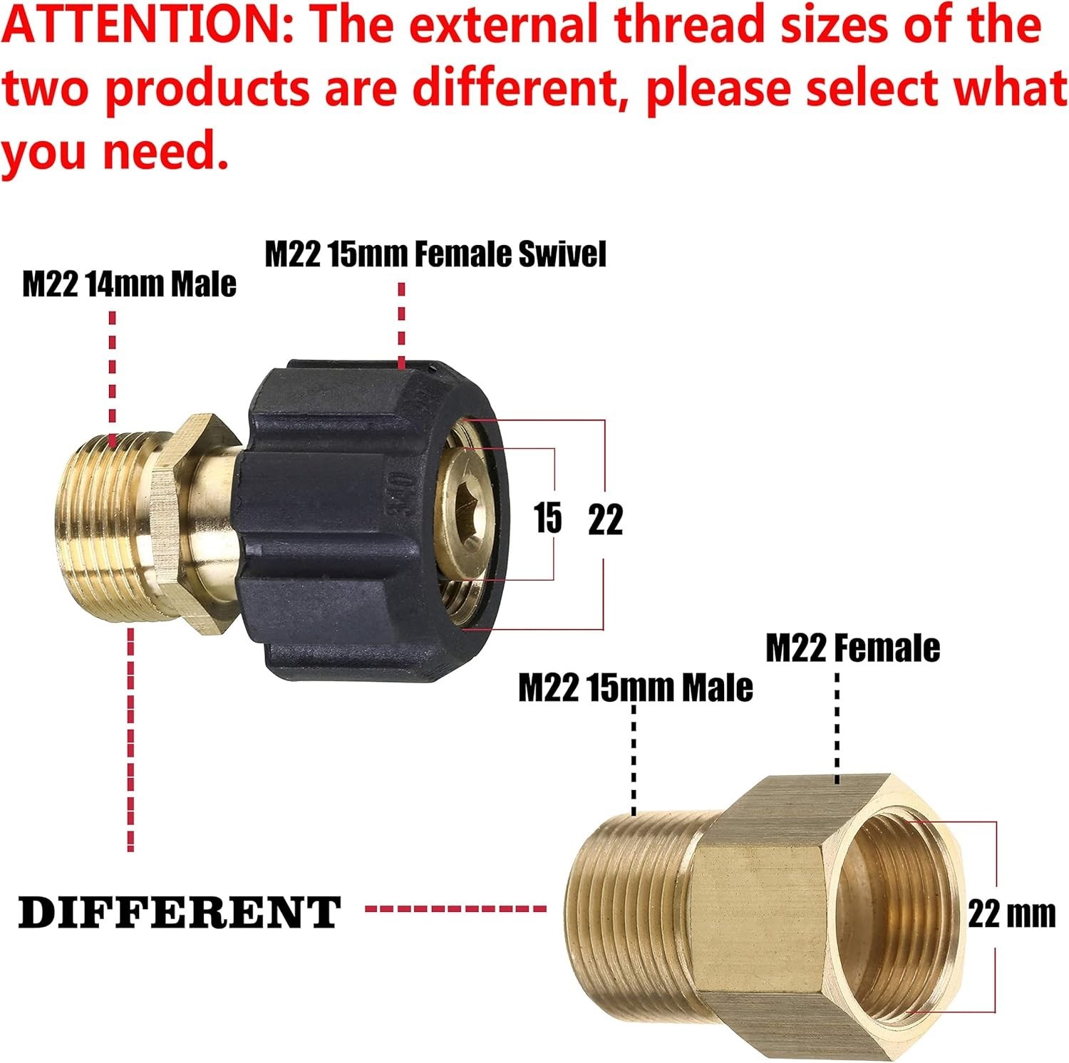 Quick Connect M22 Adapter, Metric 15mm to 14mm for Pressure Washers, 4500 PSI
