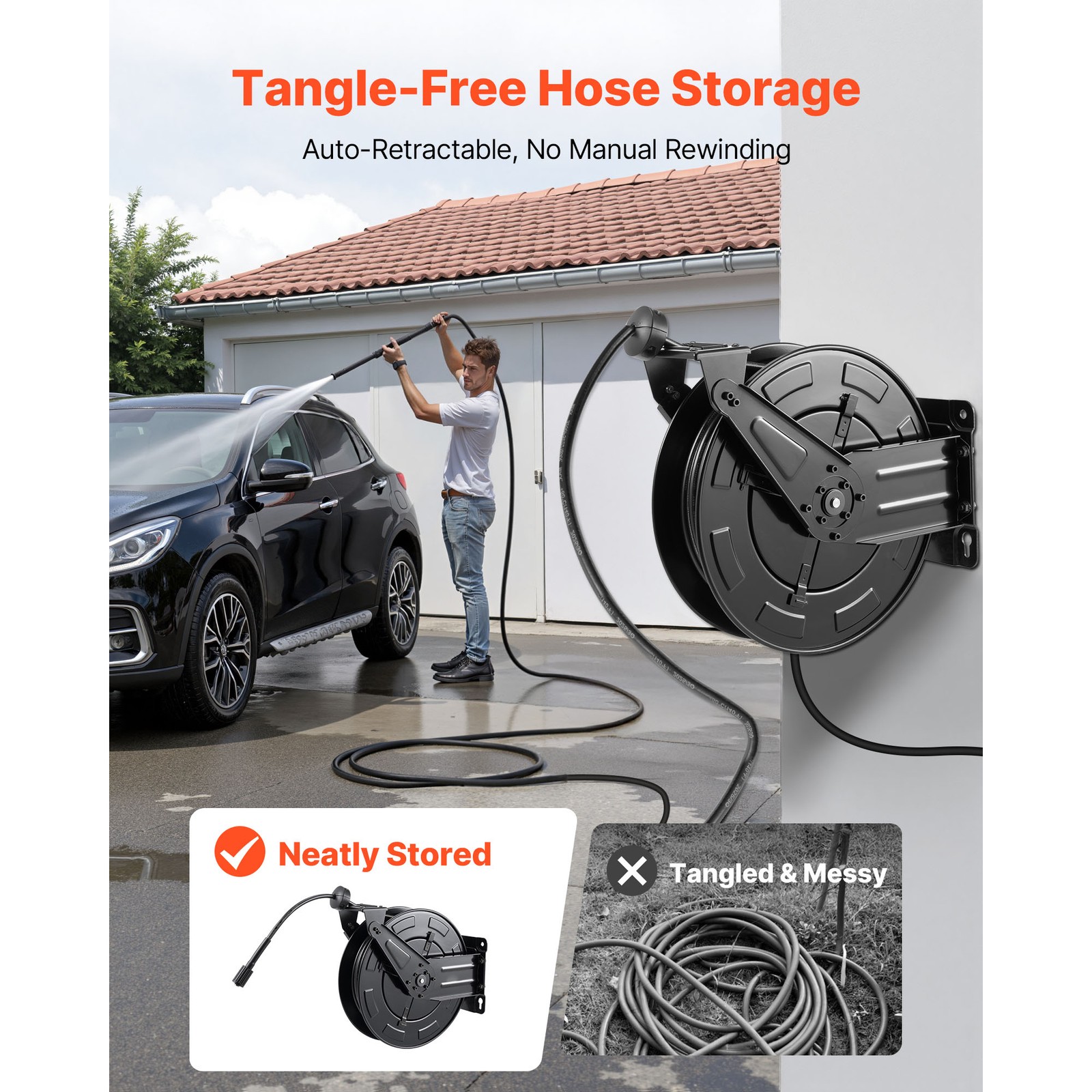 Uimoso Retractable Pressure Washer Hose Reel 50ft x 3/8in, 4000 PSI, Auto-Rewind