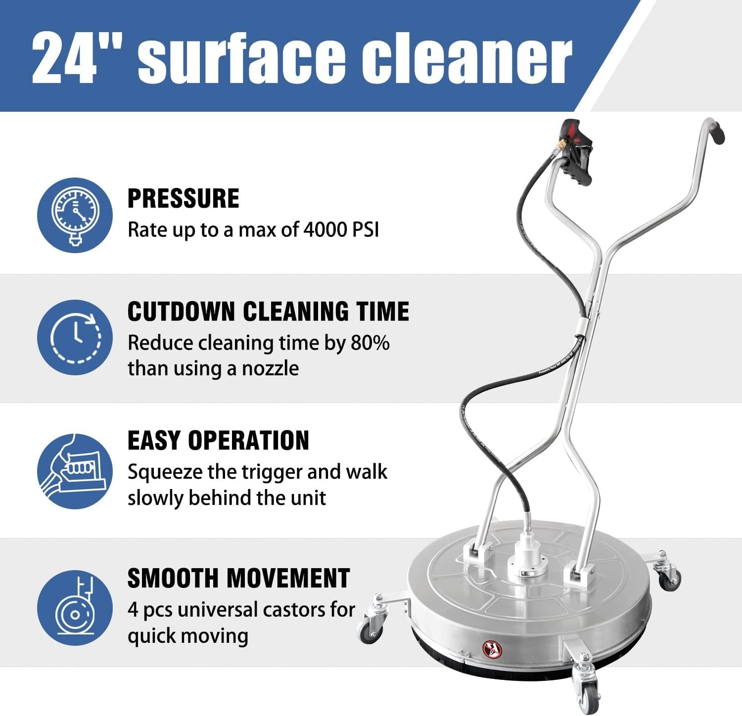 24-Inch Pressure Washer Surface Cleaner with 4 Wheels & Nozzles