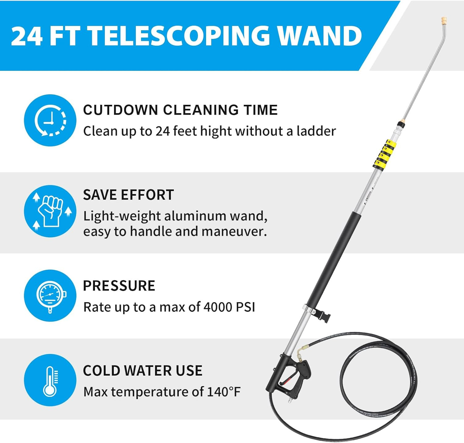 24 FT Telescoping Pressure Washer Wand Extension, Aluminum Power Washer Extensio