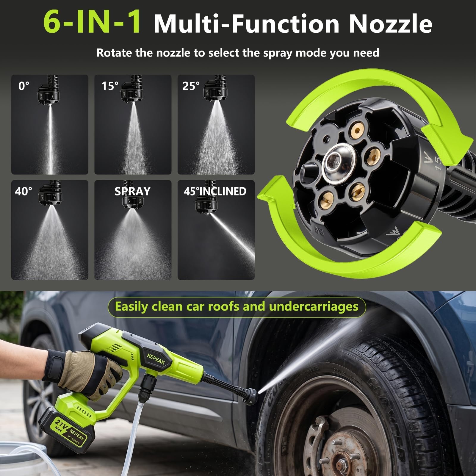 Cordless Pressure Washer, 1450 PSI Battery Operated Washer with 6-in-1 Nozzle