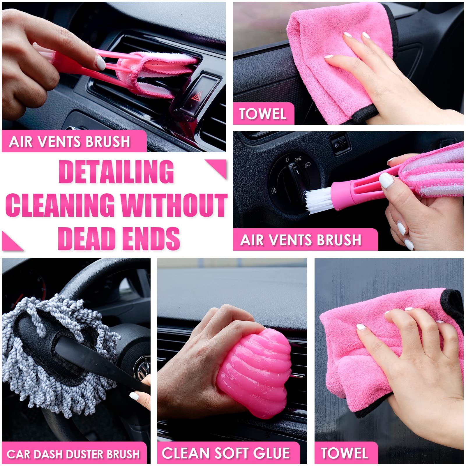 Viewsun 17pcs Car Cleaning Kit, Pink Interior Detailing Kit 17PCS,