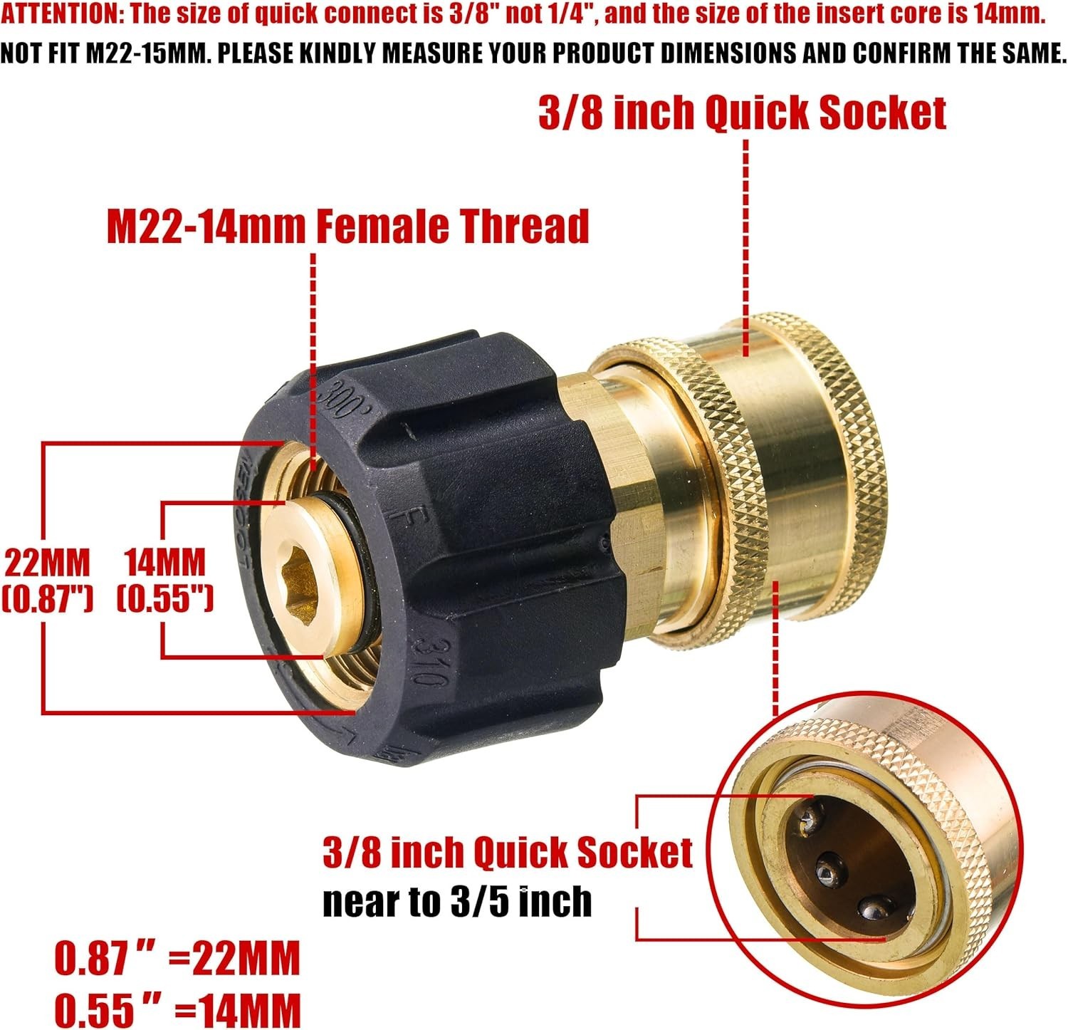 5000 PSI Quick Connect Adapter: 3/8 Inch Socket to M22 14mm Fitting for Washers