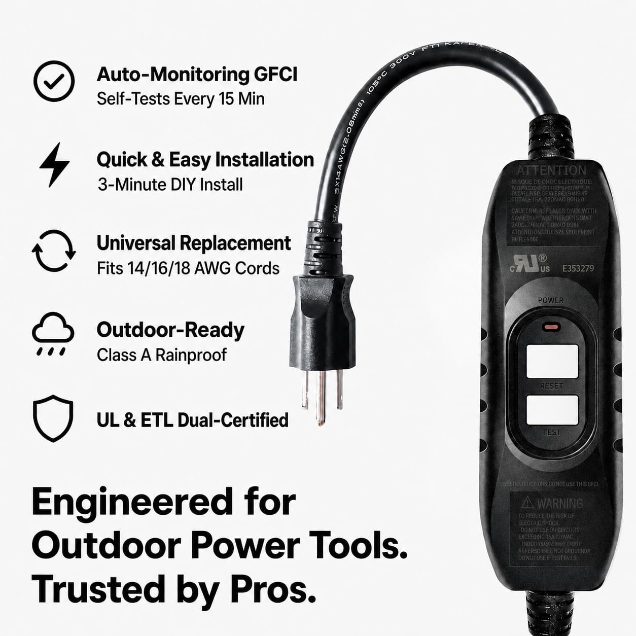 GFCI Plug Replacement, UL Safety Certified, 15 Amp Auto-Monitor Waterproof In…