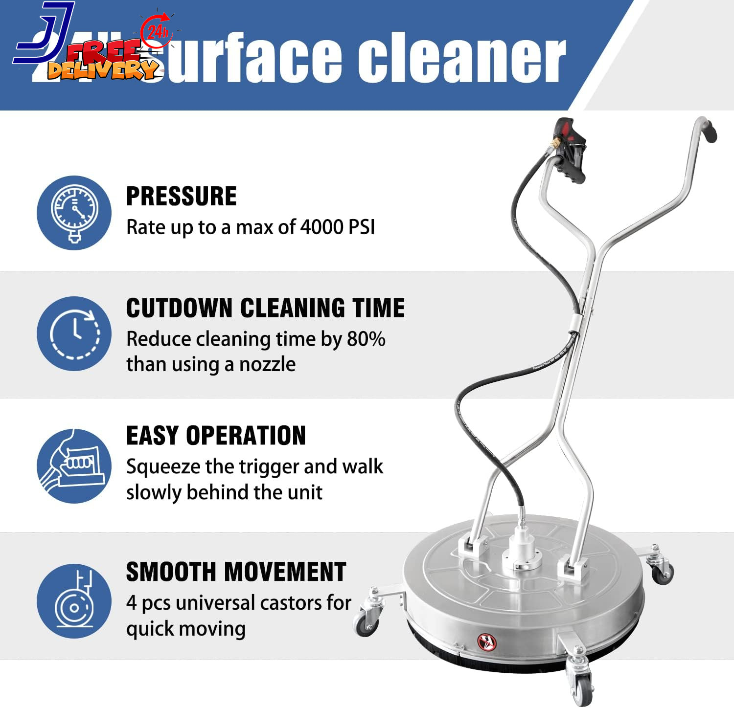 24” Pressure Washer Surface Cleaner with 4 Wheels Dual Handle Stainless Steel H