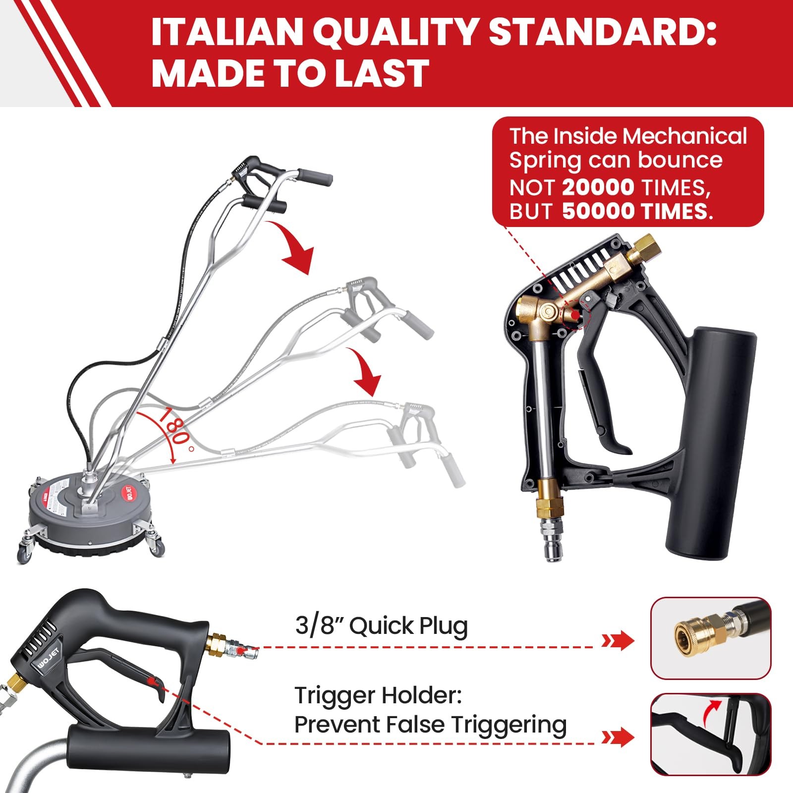 WOJET 18” Pressure Washer Surface Cleaner with 4 Wheels & Dual Handles, 4500P…