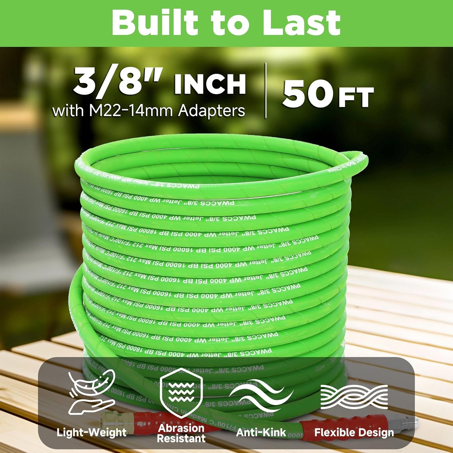 50 FT Rubber Power Washer Hose with M22 Fittings