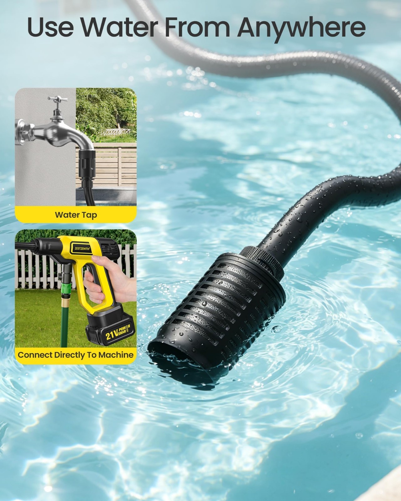 Portable Cordless Pressure Washer, 1100 PSI Handheld, 21V Battery, 6 Nozzles, Fo