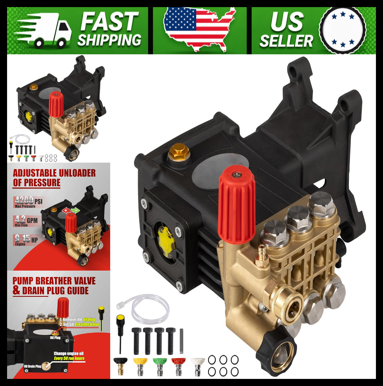 1″ Shaft Triplex Pressure Washer Pump 4200 PSI 4.2 GPM Replacement Power