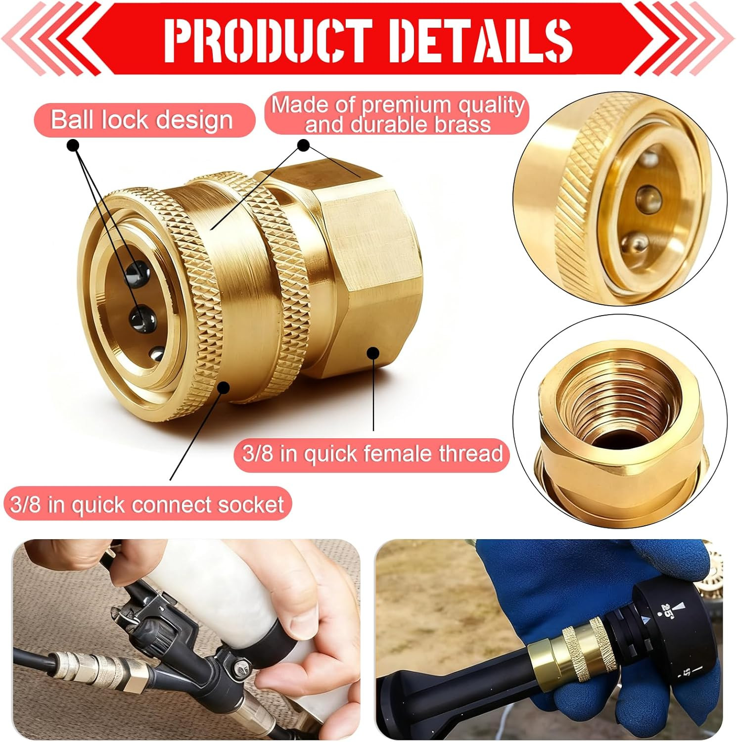 Pressure Washer Couplers Brass Fittings, 2 Pack 3/8 Inch Quick Connect to Female