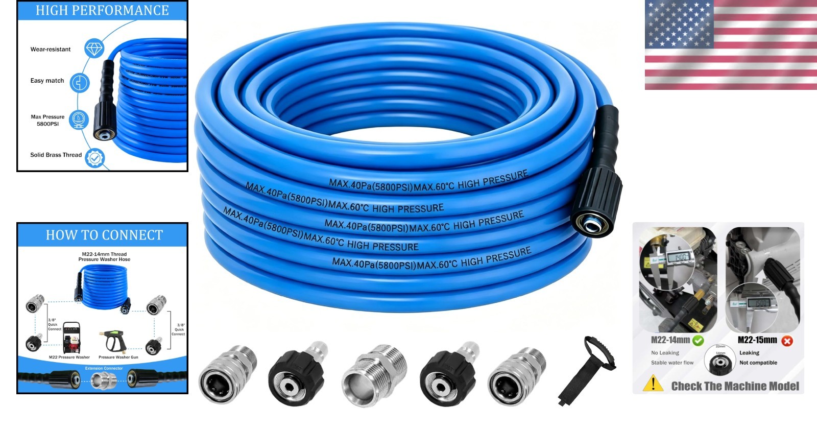 50FT Blue Pressure Washer Hose – 5800 PSI Kink-Resistant with Quick Connector